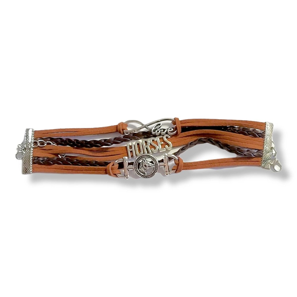 Love HORSES Brown and Black Woven Leatherette Bracelet 7" 2"